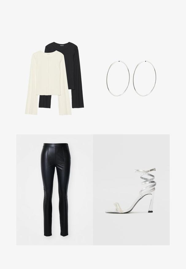 Divu garo piedurkņu tops komplekts baltā un melnā krāsā. Ribota tekstūra, apaļš kakls, pieguļoša dizaina ar nedaudz izplestām piedurknēm.; Melnas mākslīgās ādas bikses ar pieguļošu dizainu, ar šuvēm priekšpusē un rāvējslēdzējiem pie potītēm, pievienojot stilīgu akcentu.; Sudrabaini augstpapēžu sūna ar spīdīgu siksnu dizainu, kurā ir pērlēm līdzīgs akcents un spirālveida potītes siksna drošai pieguvei.; Sudraba riņķa auskari ar gludu, apaļu dizainu un pulētu apdari. Tie ir plāni un viegli, ar vienkāršu aizdari.