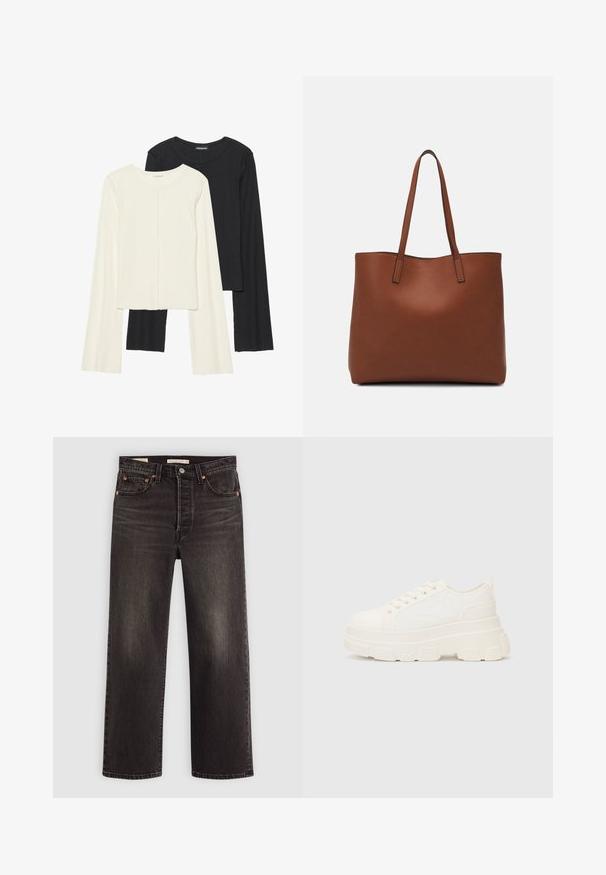 Dviejų ilgomis rankovėmis marškinėlių rinkinys, baltas ir juodas. Raukšlėta tekstūra, apvalus kaklas, prigludusi forma su šiek tiek platėjančiomis rankovėmis.; Juodi džinsai su tiesia kojų forma. Puošia vario vinys ir kišenės. Lygus paviršius ir šiek tiek nudilęs apdaila.; Balti drobės sportbačiai su storu padu, apvalia nosimi ir penkiomis akytėmis raištams. Gale yra kilputė, kad būtų lengva užsidėti. Sklandus paviršius, minimalistinis dizainas.; Ruda odinė priekabų krepšys su glotnia tekstūra, atviru viršumi ir dviem petnešomis. Su minimalia siuvimo detalėmis ir nematoma aparatūra.