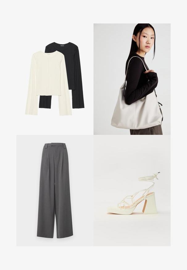 Ensemble de deux hauts à manches longues en blanc et noir. Texture côtelée, col rond, design ajusté avec des manches légèrement évasées.; ONLY Tall ONLSVEA PANT - Pantalon classique - dark grey; Sandale blanche à talons hauts avec un talon épais, présentant un design à lanières et un lien autour de la cheville. Texture lisse avec une plateforme à l'avant pour une hauteur supplémentaire.; Sac à main beige en matériau souple, avec un design décontracté, des détails cousus et deux poignées. Idéal pour un usage quotidien.