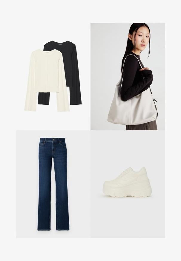 Conjunto de duas blusas de manga longa em branco e preto. Textura canelada, decote redondo, design ajustado com mangas ligeiramente evasê.; Jeans de brim de cintura larga azul escuro. Apresenta um cós cosido, cinco bolsos e uma braguilha com fecho de metal.; Tênis brancos de plataforma com um cabedal suave semelhante a couro, formato arredondado, colarinho acolchoado e sola de borracha texturizada com ranhuras bem definidas.; Uma bolsa bege feita de material macio, com um design descontraído, detalhes de costura e duas alças para o ombro. Adequada para uso diário.