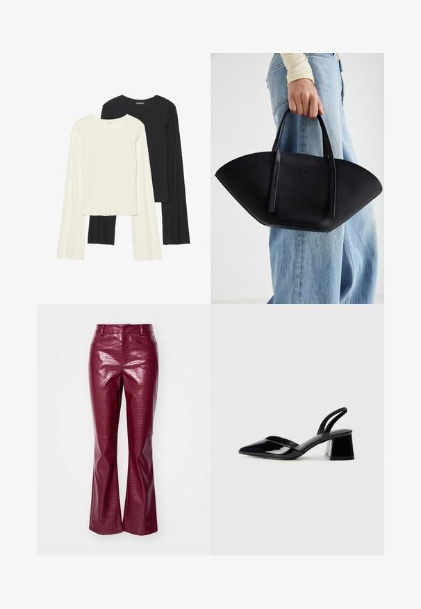 Sett med to langermede topper i hvit og svart. Ribbete tekstur, rund hals, tettsittende design med lett utsvingte ermer.; Burgunderfargede faux skinn bukser med en blank finish, med krokodillemønster, vide ben og en tettsittende midje.; Svarte patentlær slingback hæler med spiss tå og geometrisk blokk hæl. Har et stilrent, minimalistisk design og jevn tekstur.; Svart skinnveske med en unik vifteform, med flate håndtak. Overflaten har en pebblelignende tekstur og et minimalistisk design.