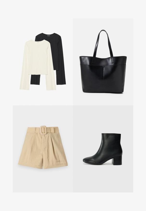 Súprava dvoch dlhých rukávov v bielej a čiernej farbe. Žebrovaná textúra, okrúhly výstrih, priliehavý strih s mierne rozšírenými rukávmi.; Beige šortky s textúrovaným tkaným opaskom so štvorcovou prackou. Šortky majú stolíky a hladký látkový povrch.; Čierne kožené členkové čižmy s špicatou špičkou a hrubým podpätkom. Hladká textúra s minimálnymi akcentmi a elegantným, priliehavým dizajnom.; Čierna kožená tote taška s dvoma dlhými rúčkami, hladkým povrchom a štruktúrovaným tvarom. Obsahuje prednú kapsu pre dodatočné uskladnenie.
