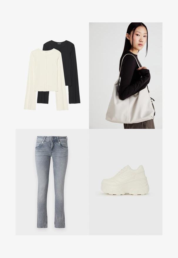 Conjunto de duas blusas de manga longa em branco e preto. Textura canelada, decote redondo, design ajustado com mangas ligeiramente evasê.; Jeans de denim azul-claro com um design de perna reta, apresentando um acabamento ligeiramente desbotado, cinco bolsos e um fecho clássico de botão e zipper.; Tênis brancos de plataforma com um cabedal suave semelhante a couro, formato arredondado, colarinho acolchoado e sola de borracha texturizada com ranhuras bem definidas.; Uma bolsa bege feita de material macio, com um design descontraído, detalhes de costura e duas alças para o ombro. Adequada para uso diário.