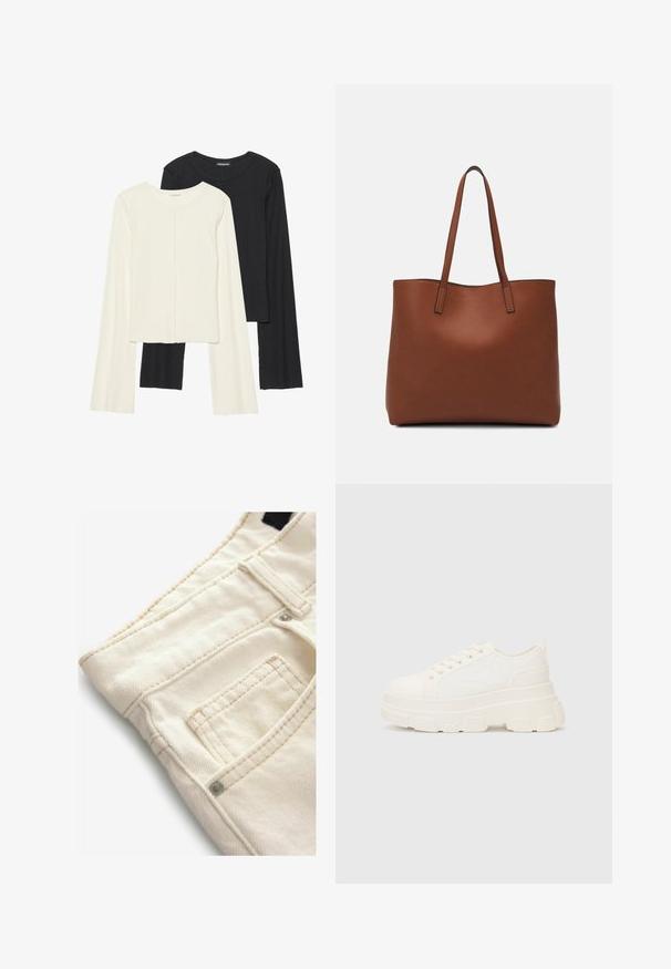 Sæt med to langærmede toppe i hvid og sort. Ribbet tekstur, rund halsudskæring, tætsiddende design med let udvidede ærmer.; Krystalhvide denimbukser med en tekstureret overflade, der har en lille frontlomme og kontrasterende syninger. Ideel til afslappet brug.; Hvide lærreds sneakers med en kraftig sål, rund tå og fem snørehuller. Bagstrop for nem påtagning. Glat tekstur, minimalistisk design.; Brun læder tote taske med en glat overflade, åben topdesign og to skulderremme. Har minimal syning og ingen synlig hardware.