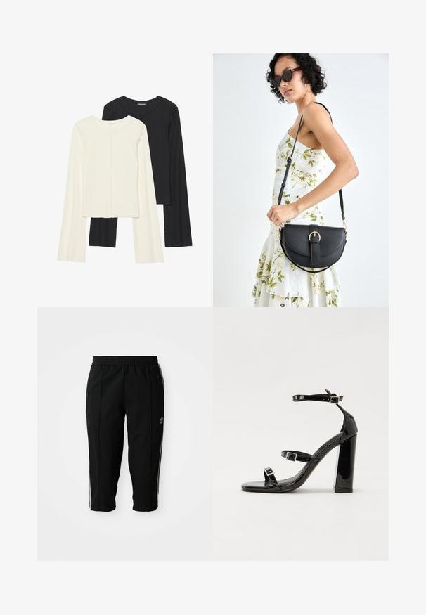 Két darabból álló hosszú ujjú felsők szettje fehér és fekete színben. Bordás textúra, kerek nyakkivágás, testhez simuló fazon, enyhén bővülő ujjakkal.; Fekete sportnadrág elasztikus derékpánttal, oldalsó cipzáras zsebekkel és fehér díszcsíkokkal a varrás mentén. Simább, tartós anyagból készült.; Fekete lakk magas sarkú szandál két csatos pánttal, négyzet alakú orral és tömzsi blokk sarokkal, sima, fényes felülettel.; Fekete bőrtáska ívelt formával, levehető pánttal és arany színű fémrészekkel. A táskán egy csattal díszített fedél található.