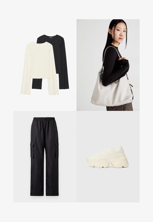 Set aus zwei Langarmoberteilen in Weiß und Schwarz. Rippstruktur, Rundhalsausschnitt, figurbetontes Design mit leicht ausgestellten Ärmeln.; Schwarze Cargo-Hosen mit einem elastischen Bund, zwei seitlichen Taschen und einem entspannten, weiten Schnitt. Hergestellt aus glattem, leichtem Material.; Flockige weiße Sneaker aus strukturiertem Mesh und synthetischen Materialien, mit einer dicken Sohle und komplizierten Mustern entlang der Seiten.; Beige Handtasche aus weichem Material, mit einem lässigen Design, gesteppten Details und zwei Schulterriemen. Geeignet für den täglichen Gebrauch.
