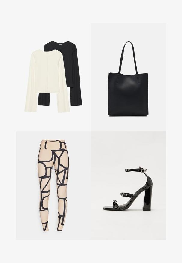Ensemble de deux hauts à manches longues en blanc et noir. Texture côtelée, col rond, design ajusté avec des manches légèrement évasées.; Leggings beiges avec des motifs géométriques noirs. Design taille haute avec une texture lisse et un tissu extensible. Silhouette ajustée.; Sandales à talons vernies noires avec un bout carré, des sangles autour de la cheville et des boucles en argent. Dotées d'un talon bloc épais pour plus de stabilité.; Sac fourre-tout en cuir noir avec une texture lisse, de forme rectangulaire et deux longues poignées. Pas de matériel ou d'ornementations visibles.