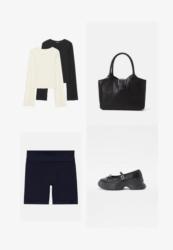 Set di due maglie a maniche lunghe, bianche e nere. Texture a coste, scollo tondo, design aderente con maniche leggermente svasate.; Pantaloni corti in misto cotone blu navy con un ampio elastico in vita, caratterizzati da un design aderente e cuciture piatte per il massimo comfort.; Scarpa Mary Jane in pelle nera con punta arrotondata, dettaglio a fiocco e cinturino alla caviglia regolabile. Presenta una suola in gomma spessa con accenti curvi.; Borsa tote in pelle nera con texture liscia, forma strutturata, due manici e un evidente dettaglio in fibbia argentata sul davanti.