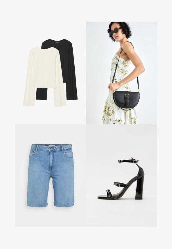 Két darabból álló hosszú ujjú felsők szettje fehér és fekete színben. Bordás textúra, kerek nyakkivágás, testhez simuló fazon, enyhén bővülő ujjakkal.; Világoskék farmer rövidnadrág klasszikus szabással, elöl gombos záródással, övhurkokkal és két oldalsó zsebbel. Simaszerkezet és egyenes szegély.; Fekete lakk magas sarkú szandál két csatos pánttal, négyzet alakú orral és tömzsi blokk sarokkal, sima, fényes felülettel.; Fekete bőrtáska ívelt formával, levehető pánttal és arany színű fémrészekkel. A táskán egy csattal díszített fedél található.