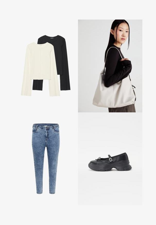 Conjunto de dos camisetas de manga larga en blanco y negro. Textura acanalada, cuello redondo, diseño ajustado con mangas ligeramente acampanadas.; Jeans skinny de denim azul con cintura alta, cinco bolsillos y cierre de cremallera. La tela tiene una textura ligeramente desgastada con costuras en contraste.; Zapato Mary Jane de cuero negro con punta redondeada, detalle de lazo y correa ajustable en el tobillo. Presenta una suela de goma gruesa con acentos curvados.; Bolso de mano beige hecho de material suave, con un diseño holgado, detalles cosidos y dos asas. Adecuado para uso diario.