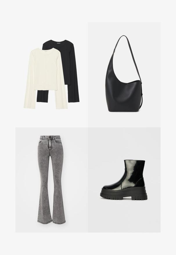 Set van twee longsleeve tops in wit en zwart. Geribbelde textuur, ronde hals, aansluitend ontwerp met licht uitlopende mouwen.; Hoge taille flared jeans in een vervaagd grijs denim met versleten details, voorzien van een knoopsluiting en een vijf-pocket ontwerp.; Zwarte glanzende enkelboot met dikke profielzool en ronde neus, zijaanzicht op een effen lichtgrijze achtergrond.; Zwarte leren hobo tas met een gladde textuur, kromme vorm en een enkele verstelbare schouderband; heeft een brede opening aan de bovenkant.