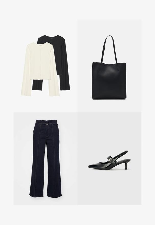 Set od dvije duge majice s dugim rukavima u bijeloj i crnoj boji. Rebrasta tekstura, okrugli izrez, uski kroj s blago raširenim rukavima.; Tamne traperice širokih nogavica tamne boje s visokim strukom, petljama za remen, vidljivim remenom i kontrastnim šavovima uz prednje šavove.; Crne lakirane slingback potpetice s oštrim prstom i malom blok petom, s naglaskom na srebrnoj kopči na remenu.; Crna kožna torba za nošenje s glatkom teksturom, pravokutnim oblikom i dvije duge ručke. Nema vidljivih metalnih dijelova ili ukrasa.