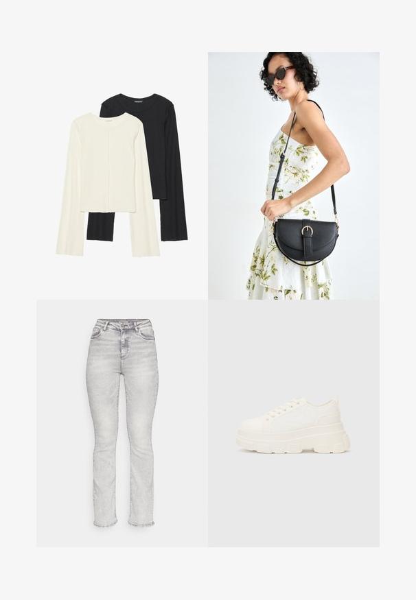 Set od dvije duge majice s dugim rukavima u bijeloj i crnoj boji. Rebrasta tekstura, okrugli izrez, uski kroj s blago raširenim rukavima.; Svijetlosivi traperice s visokim strukom, ravnim krojem, pet džepova i suptilnim izblijedjelim detaljima po cijelom materijalu.; Bijela platnena tenisica s debelim potplatom, zaobljenim vrhom i pet rupica za vezice. Stražnji tab za jednostavno obuvanje. Glatka tekstura, minimalistički dizajn.; Crna kožna torba s lukovitim oblikom, odvojivim remenom i zlatnim detaljima. Torba ima preklop s kopčom.