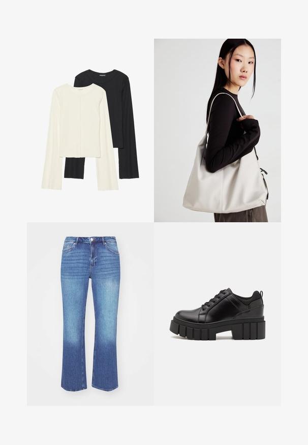 Conjunto de duas blusas de manga longa em branco e preto. Textura canelada, decote redondo, design ajustado com mangas ligeiramente evasê.; Calças de ganga num degradê azul claro a médio. Apresentam um corte reto, cinco bolsos e costura ao longo das costuras.; Sapatos de plataforma em couro preto com um salto bloco robusto, bico redondo e design clássico de atacadores. Apresentam uma textura suave e detalhes mínimos.; Uma bolsa bege feita de material macio, com um design descontraído, detalhes de costura e duas alças para o ombro. Adequada para uso diário.
