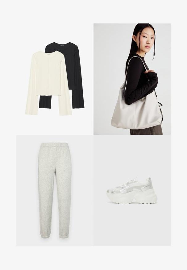 Set de două bluze cu mâneci lungi, una albă și una neagră. Textură ribbată, decolteu rotund, design ajustat cu mâneci ușor evazate.; GAP Pantaloni de trening - heather grey; Sneaker argintie cu un superior din plasă texturată și accente iridescente, având o talpă albă groasă și închidere cu șireturi.; Geantă bej din material moale, cu un design lejer, detalii cusute și două bretele pentru umăr. Potrivită pentru utilizarea zilnică.
