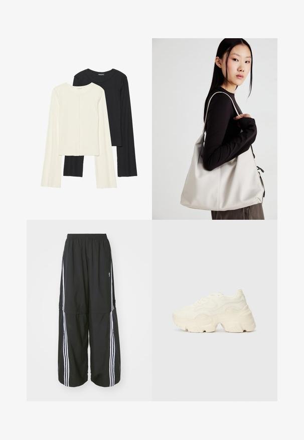 Set od dvije duge majice s dugim rukavima u bijeloj i crnoj boji. Rebrasta tekstura, okrugli izrez, uski kroj s blago raširenim rukavima.; adidas Originals ZIP OFF - Donji dijelovi trenirke - black; Masivne bijele tenisice od teksturirane mreže i sintetičkih materijala, sa debelim potplatom i složenim uzorcima duž strana.; Bežna torba od mekog materijala s opuštenim dizajnom, šivanim detaljima i dva remena za rame. Pogodna za svakodnevnu upotrebu.