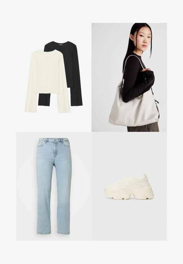 Kaksik Eri pikkusega valge ja musta värvi pikkade varrukatega topsi. Ribikstruktuur, ümar kaelus, lihav disain, veidi laienevate varrukatega.; Heledad sinine sirge lõikega teksapüksid, millel on ees nööp ja tõmblukk, vööpaelad ning klassikaline viie tasku disain.; Paksud valged tennised, mis on valmistatud tekstureeritud võrgu- ja sünteetilistest materjalidest, pakuvad paksu tallaga ja keerukat mustrit külgedel.; Bež käekott pehme materjali, millel on lõtv disain, õmblustega detailid ja kaks õlarihma. Sobib igapäevaseks kasutamiseks.