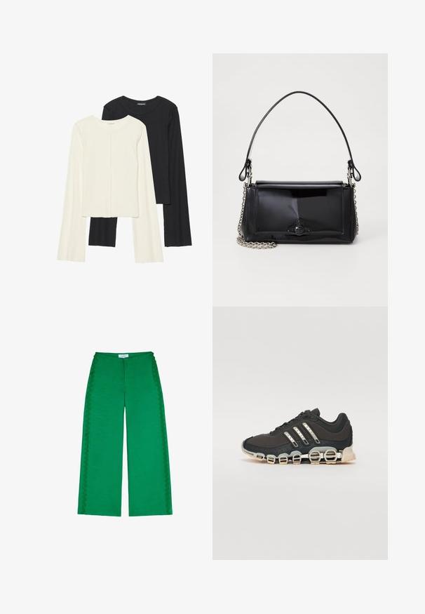 Set van twee longsleeve tops in wit en zwart. Geribbelde textuur, ronde hals, aansluitend ontwerp met licht uitlopende mouwen.; Groene wijde broek gemaakt van textuurstof, met geschulpte accenten langs de zijnaad en een relaxte pasvorm.; Zwarte sportschoen met een gestructureerde bovenkant, drie zilveren strepen en een kenmerkende dempingszool met meerdere geïntegreerde secties.; Zwart gepatineerd leren handtas met een rechthoekige vorm, kettingband en een opvallend hardwareaccent in het midden. Gladde textuur.