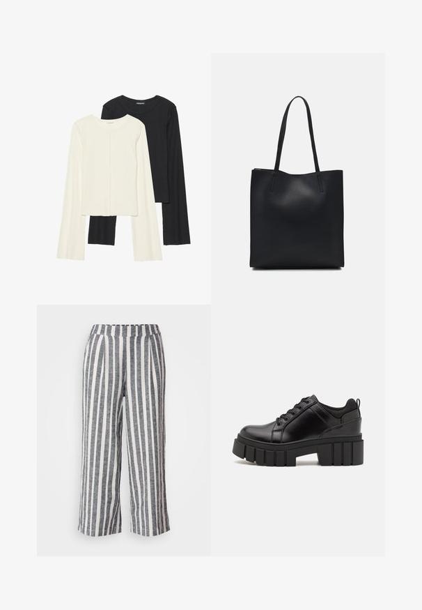 Divu garo piedurkņu tops komplekts baltā un melnā krāsā. Ribota tekstūra, apaļš kakls, pieguļoša dizaina ar nedaudz izplestām piedurknēm.; Svītrainas bikses ar brīvu fitu, izgatavotas no viegla auduma. Tām ir plašas vertikālas tumši pelēkas un baltas svītras un elastīga josta.; Melnas ādas platformas kurpes ar masīvu bloku papēdi, apaļu purngalu un tradicionālu saistīšanas dizainu. Izceļas ar gludu tekstūru un minimālu apdari.; Melnas ādas somiņa ar gludu tekstūru, taisnstūra formu un divām garām rokturiem. Nav redzamu aparatūras vai rotājumu.