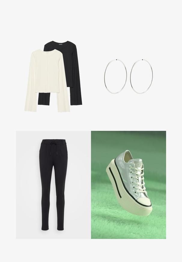 Kaksi pitkähihainen puseroa valkoisena ja mustana. Varren neulos, pyöreä kaulus, tiukka malli, jossa on hieman levenevät hihat.; Mustat, kapenevat jogger-housut, jotka on valmistettu pehmeästä ja joustavasta kankaasta. Sisältää elastisen vyötärönauhan, jossa on kiristysnauha, sekä sivutaskut. Sujuva pinta.; Metallinho hopeaken kengät, joissa on alustan pohja, valkoiset nauhat ja mustat yksityiskohdat. Varustettu pyöreällä varvalla ja teksturoidulla kumipohjalla.; Hope hopeita hopeita, joissa on sileä, pyöreä muoto ja kiiltävä pinta. Ne ovat ohuita ja kevyitä, ja niissä on yksinkertainen lukitus.