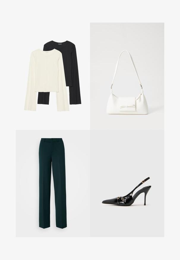 Set aus zwei Langarmoberteilen in Weiß und Schwarz. Rippstruktur, Rundhalsausschnitt, figurbetontes Design mit leicht ausgestellten Ärmeln.; ONLY Tall ONLPEACH LIFE WIDE - Stoffhose - scarab; Schwarze Slingback-Pumps aus Lackleder mit spitz zulaufender Vorderkappe, dünnem Absatz und dekorativen goldfarbenen Schnallen an den Riemen.; Weiße synthetische Handtasche in dreieckiger Form, flache Vorderklappe und Schleifendetail, verstellbarer Trageriemen, glatte Textur und minimalistisches Design.