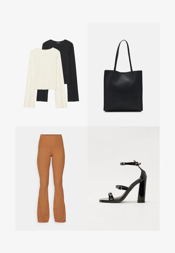 Két darabból álló hosszú ujjú felsők szettje fehér és fekete színben. Bordás textúra, kerek nyakkivágás, testhez simuló fazon, enyhén bővülő ujjakkal.; Barna bordás, harangszárú leggings, magas derékú; rugalmas anyagból készült; az elején egy kis logó található.; Fekete lakk magas sarkú szandál négyzet alakú orral, bokapántokkal és ezüst csatokat tartalmaz. Masszív blokk sarka a stabilitásért felel.; Fekete bőrtáska sima felszínnel, téglalap alakú, két hosszú füllel. Nincs látható fémkiegészítő vagy díszítés.