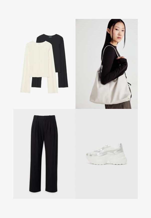 Ensemble de deux hauts à manches longues en blanc et noir. Texture côtelée, col rond, design ajusté avec des manches légèrement évasées.; Pantalon noir avec une coupe droite, doté de plis à l'avant, d'une texture lisse et d'une taille classique pour un look ajusté.; Baskets argentées avec un dessus en maille texturée et des accents iridescents, dotées d'une semelle blanche épaisse et d'un système de laçage.; Sac à main beige en matériau souple, avec un design décontracté, des détails cousus et deux poignées. Idéal pour un usage quotidien.