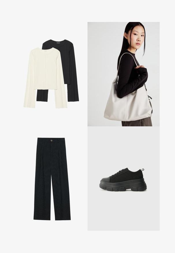 Set de două bluze cu mâneci lungi, una albă și una neagră. Textură ribbată, decolteu rotund, design ajustat cu mâneci ușor evazate.; Pantaloni largi cu dungi negre, confecționați dintr-un material texturat, dotati cu închidere frontală cu nasture și un design pliat pentru un plus de interes.; Adidași negri cu talpă groasă din cauciuc, superior din material texturat, bot rotund și design cu șireturi. Include gauri întărite pentru șireturi și o buclă pe spate.; Geantă bej din material moale, cu un design lejer, detalii cusute și două bretele pentru umăr. Potrivită pentru utilizarea zilnică.