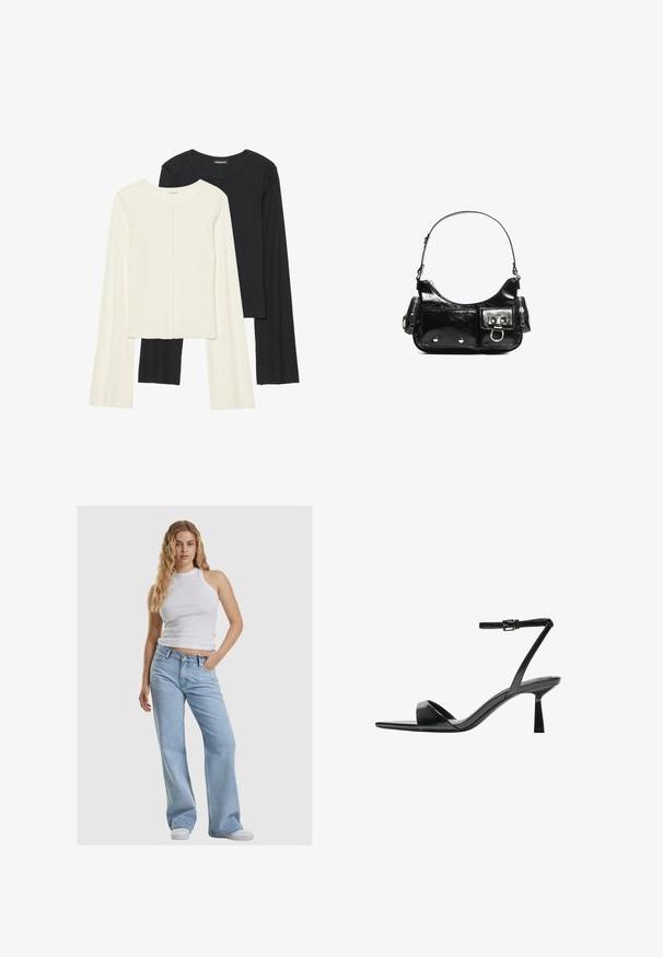 Két darabból álló hosszú ujjú felsők szettje fehér és fekete színben. Bordás textúra, kerek nyakkivágás, testhez simuló fazon, enyhén bővülő ujjakkal.; Fehér ujjatlan crop top, világoskék, bő szárú farmernadrág és fehér sportcipő. Az öltözet puha anyagból készült és laza sziluettel rendelkezik.; Bershka Magas sarkú szandálok - black; Fekete lakkbőr kézitáska ívelt formával, egy vállpánttal, elülső zsebekkel és ezüstszínű fémrészletekkel.