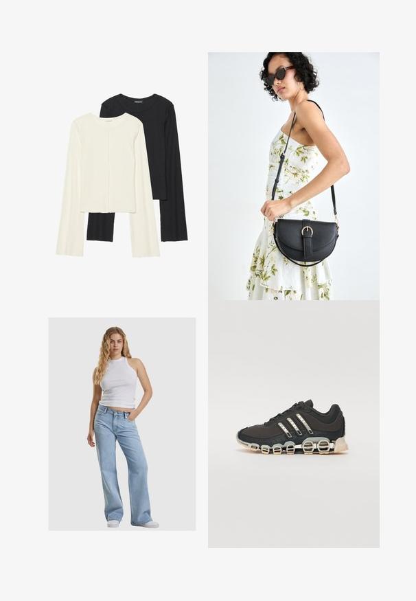 Sett med to langermede topper i hvit og svart. Ribbete tekstur, rund hals, tettsittende design med lett utsvingte ermer.; Hvit ermeløs crop topp, lyseblå vide jeans og hvite joggesko. Utseendet har myk stoff og en avslappet silhuett.; Svarte sportsko med en strukturert overflate, tre sølvstriper, og en distinkt støtdempende såle med flere integrerte seksjoner.; Svart lærveske med en buet form, avtagbar stropp og gullbeslag. Vesken har et klaff med spenne-detall.