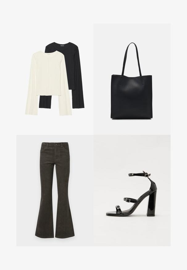 Set of two long-sleeve tops in white and black. Ribbed texture, round neck, fitted design with slightly flared sleeves.; Flared corduroy pants in dark olive green, featuring a button and zipper closure, five pockets, and subtle ribbed texture.; Black patent heeled sandals with a square toe, ankle straps, and silver buckles. Features a chunky block heel for stability.; Black leather tote bag with smooth texture, rectangular shape, and two long handles. No visible hardware or embellishments.