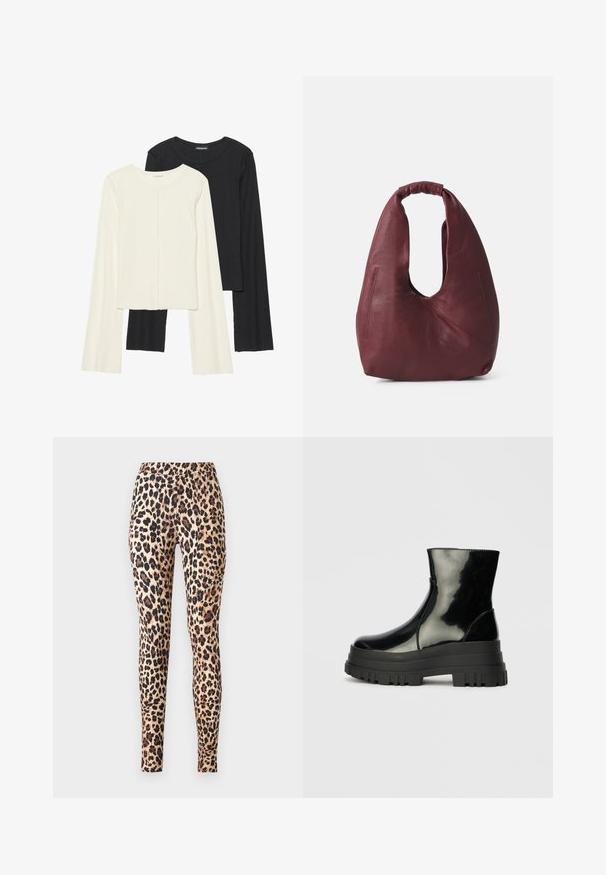 Sæt med to langærmede toppe i hvid og sort. Ribbet tekstur, rund halsudskæring, tætsiddende design med let udvidede ærmer.; ONLY ONLKIM - Leggings - cuban sand; Sort, blanklækkert ankelstøvle med tyk sål og rund tå, set fra siden på en ensartet lys grå baggrund.; Bordeaux læder slouchy taske med et unikt buet håndtag, der har en tekstureret overflade og asymmetrisk design. Bemærkelsesværdige sidesøm detaljer.