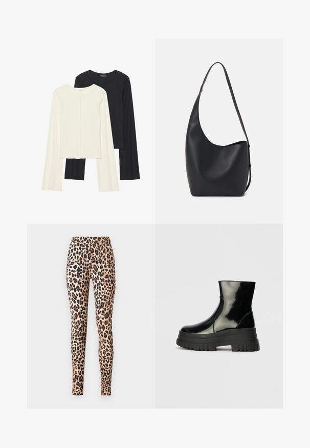 Set of two long-sleeve tops in white and black. Ribbed texture, round neck, fitted design with slightly flared sleeves.; ONLY ONLKIM - Leggings - Trousers - cuban sand; Black glossy ankle boot with thick lug sole and rounded toe, side view on plain light gray background.; Black leather hobo bag with a smooth texture, curved shape, and single adjustable strap; features a wide opening at the top.