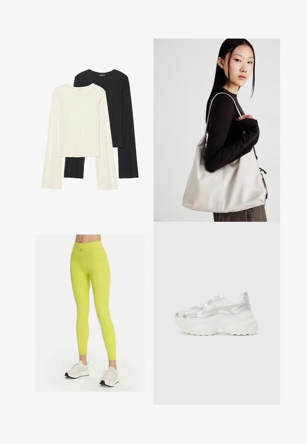 Set van twee longsleeve tops in wit en zwart. Geribbelde textuur, ronde hals, aansluitend ontwerp met licht uitlopende mouwen.; Neon gele leggings met een hoge taille, een gladde textuur en gebogen naden; voorzien van een klein logo op de taille. Gepaard met witte sneakers.; Zilveren sneaker met een gestructureerde mesh bovenkant en iriserende accenten, voorzien van een chunky witte zool en vetersluiting.; Beige handtas gemaakt van zacht materiaal, met een slonzig ontwerp, gestikte details en twee schouderbanden. Geschikt voor dagelijks gebruik.