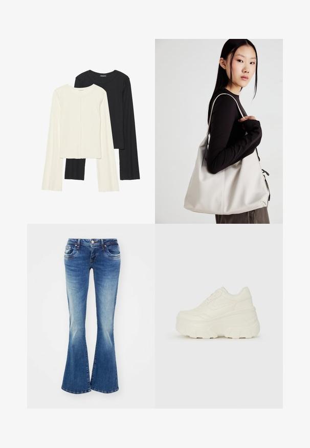 Divu garo piedurkņu tops komplekts baltā un melnā krāsā. Ribota tekstūra, apaļš kakls, pieguļoša dizaina ar nedaudz izplestām piedurknēm.; Zila džinsa auduma palielinātas bikses ar vidēju jostasvietu, divām priekšējām kabatām un vieglu izbalēšanu, kas piešķir teksturētu izskatu.; Baltie platformas sporta apavi, kas izgatavoti no gludas mākslīgās ādas, ar noapaļotu formu, mīkstu apkakli un teksturētu gumijas zoli ar izteiktiem rakstiem.; Bežs rokassoma, izgatavota no mīksta materiāla, ar brīvu dizainu, izšūtu apdari un divām plecu siksnām. Piemērota ikdienas lietošanai.