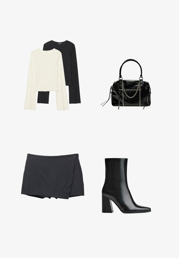 Set van twee longsleeve tops in wit en zwart. Geribbelde textuur, ronde hals, aansluitend ontwerp met licht uitlopende mouwen.; Zwarte minirok met hetelijnen en een wikkelontwerp, vervaardigd uit een gladde stof. Heeft een nette afwerking en geen zichtbare sluitingen.; Zwarte leren enkelboot met een puntige neus en hoge blokhak. Glad oppervlak met een slanke silhouette en een solide basisontwerp.; Bershka WITH CHAIN - Handtas - black