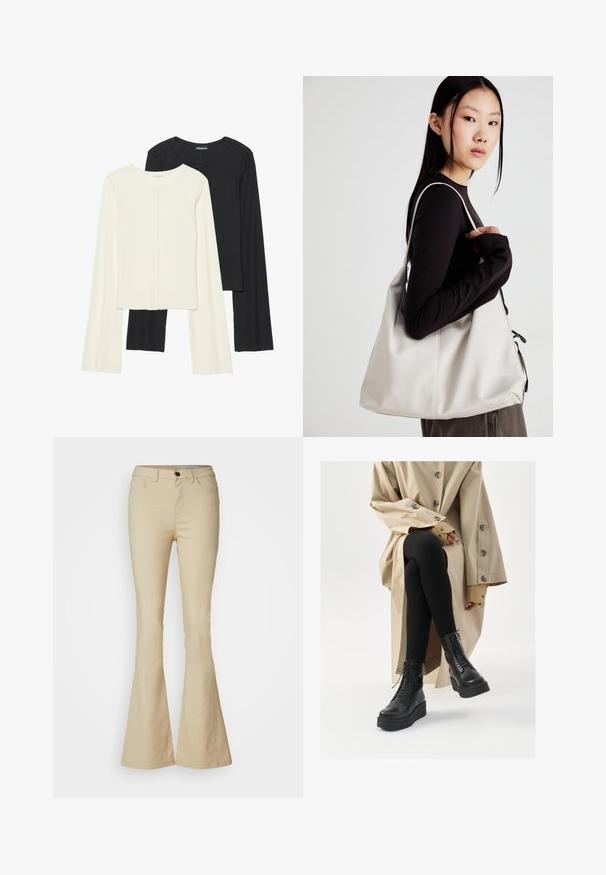 Set od dvije duge majice s dugim rukavima u bijeloj i crnoj boji. Rebrasta tekstura, okrugli izrez, uski kroj s blago raširenim rukavima.; Bežne traperice u bež boji izrađene od mješavine pamuka. Visokog struka s pet džepova, prednjim kopčanjem na dugme i glatkom teksturom.; Crne kožne gležnjače s detaljima vezanja, podignutom platformom, i teksturiranim crnim tajicama, nosi se uz svijetlu bež trench kapu.; Bežna torba od mekog materijala s opuštenim dizajnom, šivanim detaljima i dva remena za rame. Pogodna za svakodnevnu upotrebu.