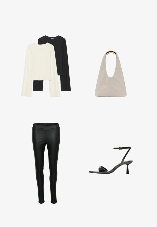 Nabor dveh dolgih rokavov v beli in črni barvi. Žameten vzorec, okrogla ovratnica, prilegajoča zasnova z rahlo razširjenimi rokavi.; Črne usnjene legice iz umetnega usnja z gladko teksturo, prilegajočim silhuetom in elastičnim pasom. Minimalno šivanje in brez žepov.; Bershka Sandali z visoko peto - black; Svetlo siva usnjena torba z U-oblika zasnovo in ukrivljenim kovinskim ročajem. Gladka tekstura z minimalnim šivom in brez vidnih vzorcev.