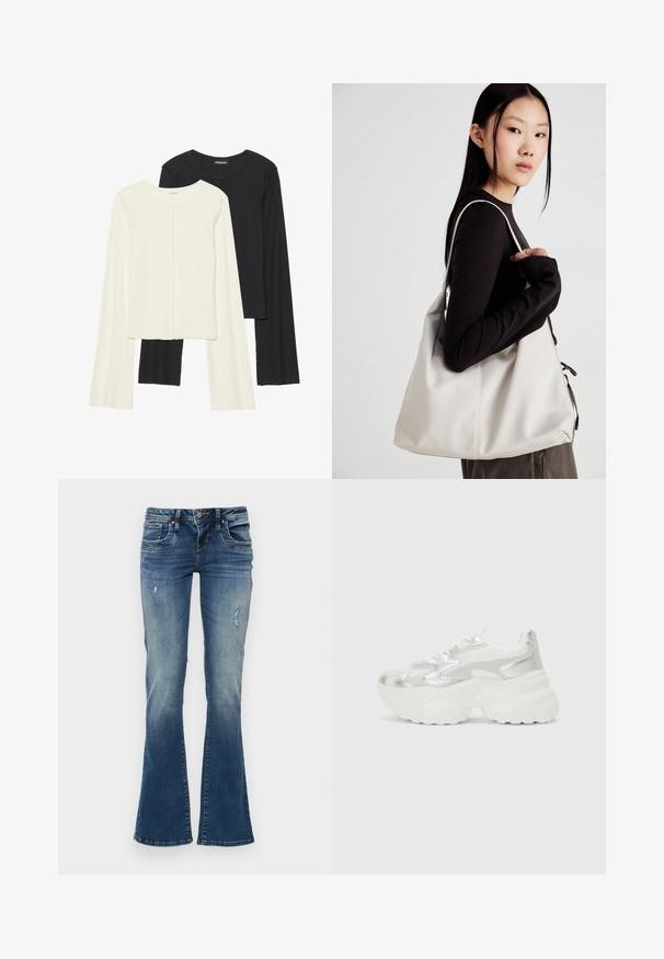 Dviejų ilgomis rankovėmis marškinėlių rinkinys, baltas ir juodas. Raukšlėta tekstūra, apvalus kaklas, prigludusi forma su šiek tiek platėjančiomis rankovėmis.; Mėlynos šviesiai nusidėvėjusios džinsinės plate žemiau kelių, su švelniai išblukusiomis vietomis ir pažeidimais. Yra penki kišenės, užtrauktukas ir sagos uždarymas.; Sidabriniai sportbačiai su tekstūriniu tinkliniu viršumi ir iššokančiomis akcentais, turintys masyvų baltą pado ir raištelių užsegimą.; Bežinė rankinė, pagaminta iš minkštos medžiagos, turinti laisvą dizainą, siuvinėtas detalės ir dvi petnešos. Tinkama kasdieniam naudojimui.