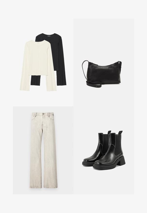 Conjunto de duas blusas de manga longa em branco e preto. Textura canelada, decote redondo, design ajustado com mangas ligeiramente evasê.; G-STAR JUDEE - Calças de ganga folgadas - vintage arctic tundra; Botas Chelsea em couro preto com um salto grosso, painéis laterais elásticos e costura branca em contraste. Acabamento texturizado.; Bolsa de ombro em pele preta com textura suave, forma curva, alça ajustável e fecho com zip. Design minimalista sem adornos.