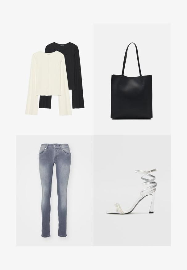 Dviejų ilgomis rankovėmis marškinėlių rinkinys, baltas ir juodas. Raukšlėta tekstūra, apvalus kaklas, prigludusi forma su šiek tiek platėjančiomis rankovėmis.; Lieknos džinsai vidutinio pilkos spalvos, pagaminti iš džinsinio audinio. Turi penkis kišenes, diržo kilpas ir ištirpimo efektą šlaunų ir kelių srityse.; Sidabrinė aukšto kulno sandalai su blizgiu diržo dizainu, featuring perlo panašus akcentas ir spiralinė kulkšnies dirželis saugiam prisitaikymui.; Juodas odinis tote krepšys su lygia tekstūra, stačiakampio formos ir dviem ilgais rankenomis. Matomų metalinių detalių ar puošybos nėra.