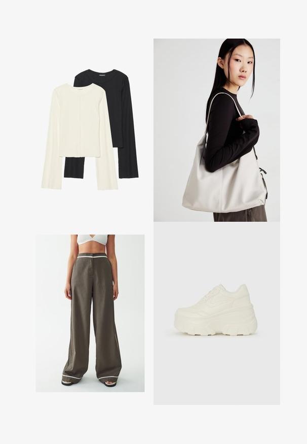 Nabor dveh dolgih rokavov v beli in črni barvi. Žameten vzorec, okrogla ovratnica, prilegajoča zasnova z rahlo razširjenimi rokavi.; CALLI WILMA - Hlače - olive and white; Bele platformske tene z belim zgornjim delom, ki spominja na usnje, okroglo obliko, oblazinjen ovratnik ter gumo z teksturo na podplatu z izrazitimi profili.; Bežna torbica iz mehkega materiala, z ohlapno zasnovo, šivi in dvema naramnicama. Primerna za vsakodnevno uporabo.