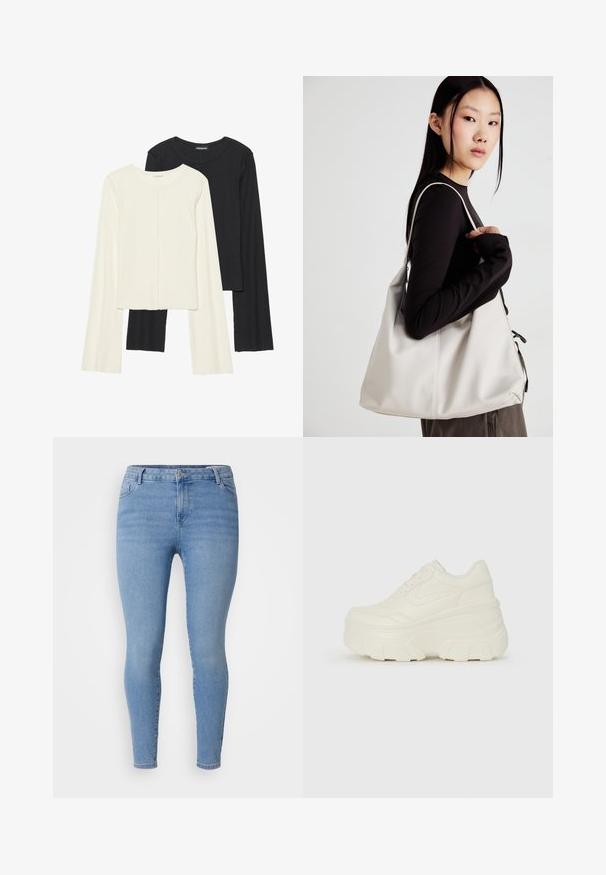 Kaksik Eri pikkusega valge ja musta värvi pikkade varrukatega topsi. Ribikstruktuur, ümar kaelus, lihav disain, veidi laienevate varrukatega.; Heledad sinine kitsas teksade paari, mis on valmistatud denimist, klassikalise viie tasku stiiliga, luku ja kitsaste sääreavadega. Sile tekstuur, kerge tuhmumine.; Valged platvormi tõusukingad, millel on siledast nahast meenutav pealis, ümar kuju, pehmendatud kaelus ja tekstureeritud kummitald koos selgete hüdrofoobsete mustritega.; Bež käekott pehme materjali, millel on lõtv disain, õmblustega detailid ja kaks õlarihma. Sobib igapäevaseks kasutamiseks.