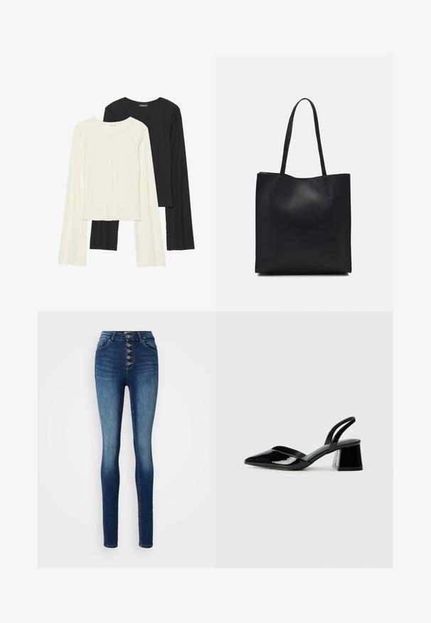 Conjunto de duas blusas de manga longa em branco e preto. Textura canelada, decote redondo, design ajustado com mangas ligeiramente evasê.; Jeans de ganga de cintura alta, azul escuro com um acabamento liso, apresentando um fecho frontal de cinco botões e um corte slim. Design clássico de cinco bolsos.; Sandy em verniz preto com salto slingback, ponta afilada e salto geométrico. Apresenta um design elegante e minimalista com textura suave.; Bolsa tote preta em couro com textura lisa, forma retangular e duas alças longas. Sem hardware ou enfeites visíveis.; Os brincos em forma de coração prateados apresentam pedras claras facetadas, com uma moldura texturizada. O conjunto inclui estilos de botão e de gota.