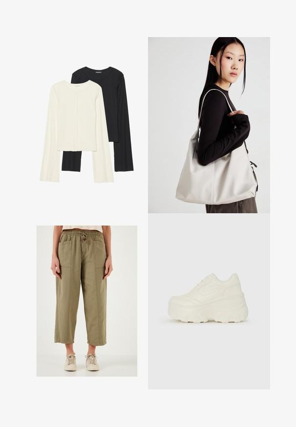 Set od dvije duge majice s dugim rukavima u bijeloj i crnoj boji. Rebrasta tekstura, okrugli izrez, uski kroj s blago raširenim rukavima.; Svijetlo maslinasto zelene skraćene hlače od teksturirane tkanine, s elastičnom stražnjom i prednjim džepovima. U paru s bež tenisicama.; Bijele platformske tenisice s glatkim gornjim dijelom koji nalikuje koži, zaobljenim oblikom, podstavljenim okvirom i teksturiranim gumeni potplat s definiranom profilacijom.; Bežna torba od mekog materijala s opuštenim dizajnom, šivanim detaljima i dva remena za rame. Pogodna za svakodnevnu upotrebu.