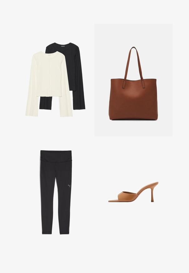 Set of two long-sleeve tops in white and black. Ribbed texture, round neck, fitted design with slightly flared sleeves.; Black athletic leggings with a high waistband, made from a smooth, stretchy fabric. Features a small reflective logo on the left hip.; Mango PEPYT - Heeled mules - brown; Brown leather tote bag with a smooth texture, open top design, and two shoulder straps. Features minimal stitching and no visible hardware.