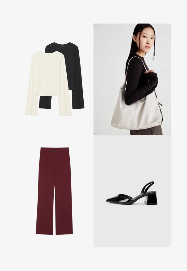 Dviejų ilgomis rankovėmis marškinėlių rinkinys, baltas ir juodas. Raukšlėta tekstūra, apvalus kaklas, prigludusi forma su šiek tiek platėjančiomis rankovėmis.; Burgundinės kelnes su plačiomis kojomis, turinčios mygtukų užsegimą, dvi šonines kišenes ir raukšlių detalę priekyje. Lygus audinio paviršius.; Juodos lakuotos odinės šlepetės su smailiu pirštu ir geometriniu bloko kulnu. Turi elegantišką, minimalistinį dizainą ir lygų paviršių.; Bežinė rankinė, pagaminta iš minkštos medžiagos, turinti laisvą dizainą, siuvinėtas detalės ir dvi petnešos. Tinkama kasdieniam naudojimui.