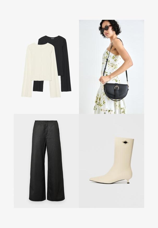 Conjunto de duas blusas de manga longa em branco e preto. Textura canelada, decote redondo, design ajustado com mangas ligeiramente evasê.; Calças largas pretas com bolsos frontais e cintura alta, feitas de um tecido suave, exibidas sobre um fundo claro e liso.; Bota ankle de cor creme, feita de material liso, com bico pontiagudo, salto kitten e destaque em forma de diamante preto.; Bolsa de couro preta com forma curva, alça destacável e detalhes em dourado. A bolsa possui uma aba com detalhe de fivela.