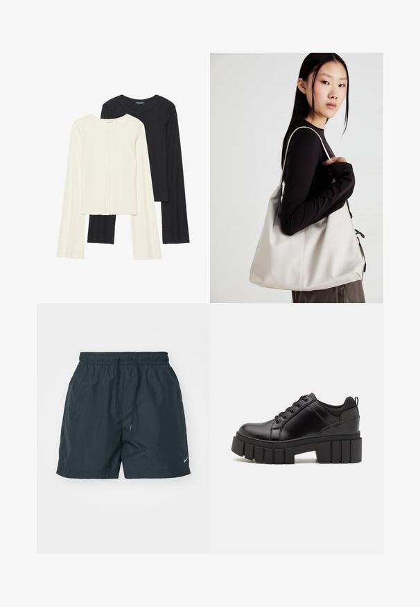 Dviejų ilgomis rankovėmis marškinėlių rinkinys, baltas ir juodas. Raukšlėta tekstūra, apvalus kaklas, prigludusi forma su šiek tiek platėjančiomis rankovėmis.; Tamsiai mėlyni šortai su elastingu juosmeniu, raišteliu ir šoninėmis kišenėmis. Apatinėje kairėje kojoje yra balta Nike logotipo detalė. Lengvas audinys.; Juodi odiniai platformos batai su masyviu blokuota kulniuku, apvalia nosimi ir tradiciniu šnypštimo dizainu. Turintys glotnų paviršių ir minimalų dekoravimą.; Bežinė rankinė, pagaminta iš minkštos medžiagos, turinti laisvą dizainą, siuvinėtas detalės ir dvi petnešos. Tinkama kasdieniam naudojimui.