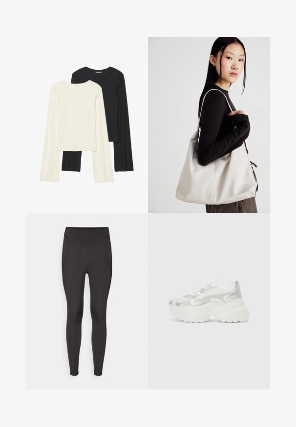 Kaksi pitkähihainen puseroa valkoisena ja mustana. Varren neulos, pyöreä kaulus, tiukka malli, jossa on hieman levenevät hihat.; Musta legginsit, jotka on valmistettu joustavasta kankaasta, korkea vyötärö, saumaton muotoilu ja X-muotoilu yksityiskohtana lantiolla.; Hopeat lenkkarit, joissa on teksturoitu verkkopinta ja hohtavat yksityiskohdat, chunky valkoinen pohja ja nauhakiinnitys.; Beige laukku, joka on valmistettu pehmeästä materiaalista, ja siinä on rento muotoilu, ommeltu yksityiskohtia ja kaksi olkahihnaa. Sopii päivittäiseen käyttöön.